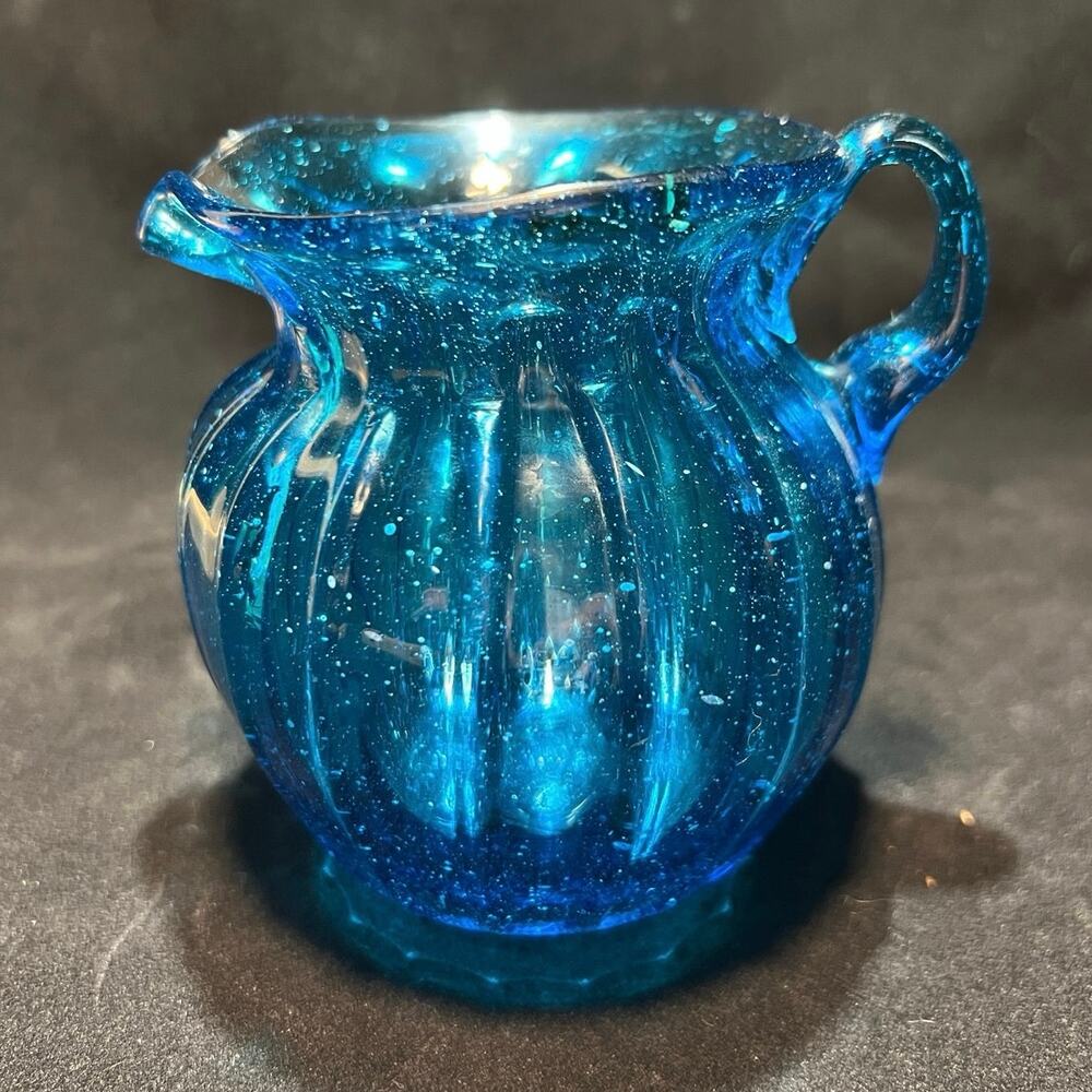 Hand Blown Creamer Pitcher Copper Blue, 4 in.